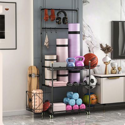 Home Gym Storage Rack and Yoga Mat Holder, Home Gym Storage Rack for Organizing Kettlebells Dumbbells Foam Roller, Fitness and Accessory Equipment Organizer with Utility Hooks