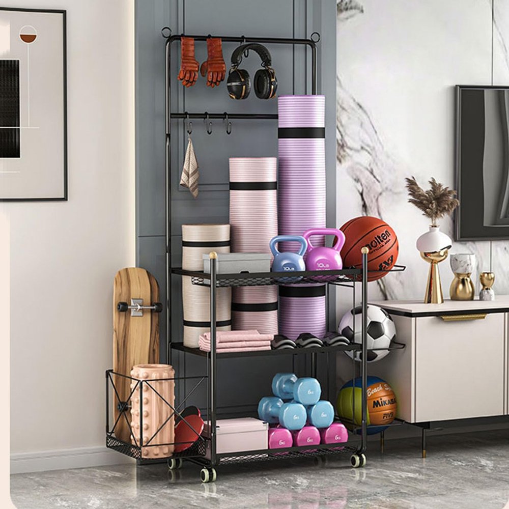Home Gym Storage Rack and Yoga Mat Holder, Home Gym Storage Rack for Organizing Kettlebells Dumbbells Foam Roller, Fitness and Accessory Equipment Organizer with Utility Hooks