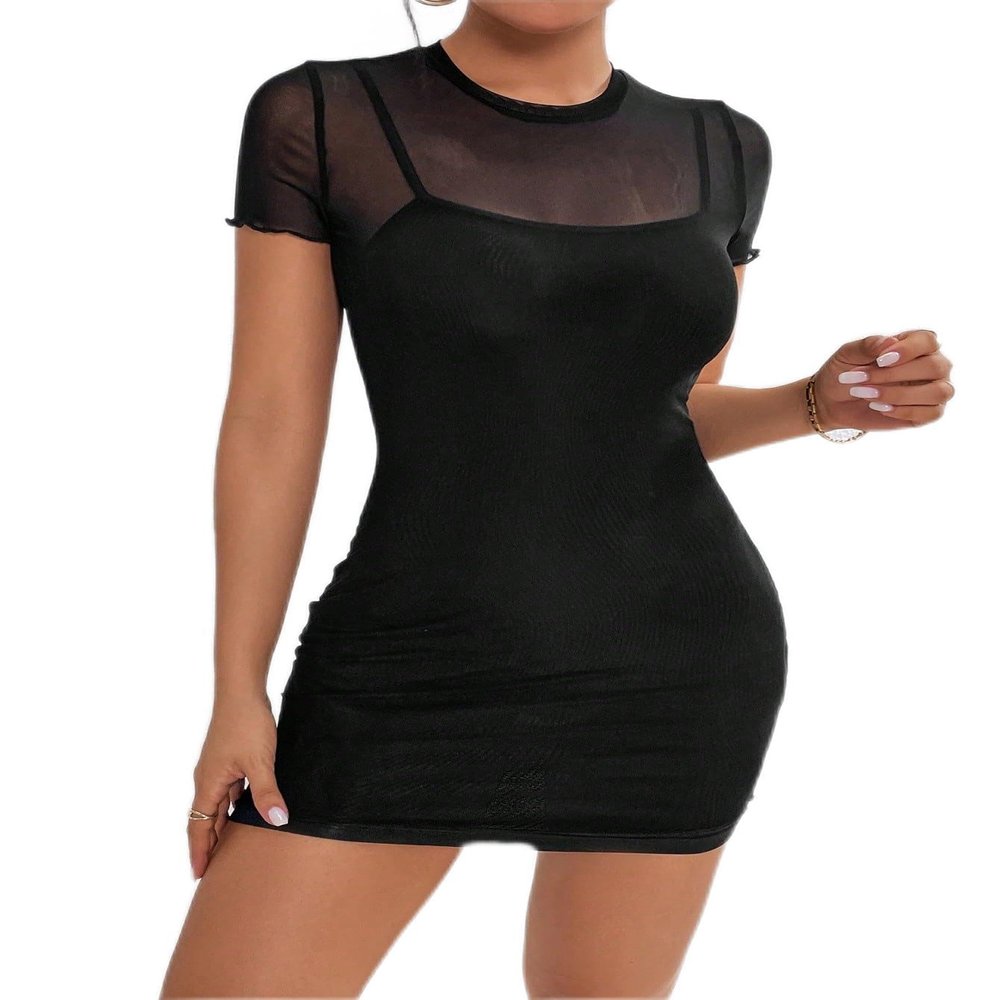 SLPB Women's Dresses Contrast Mesh Bodycon Dress Dress for Women (Color : Black, Size : XX-Small)