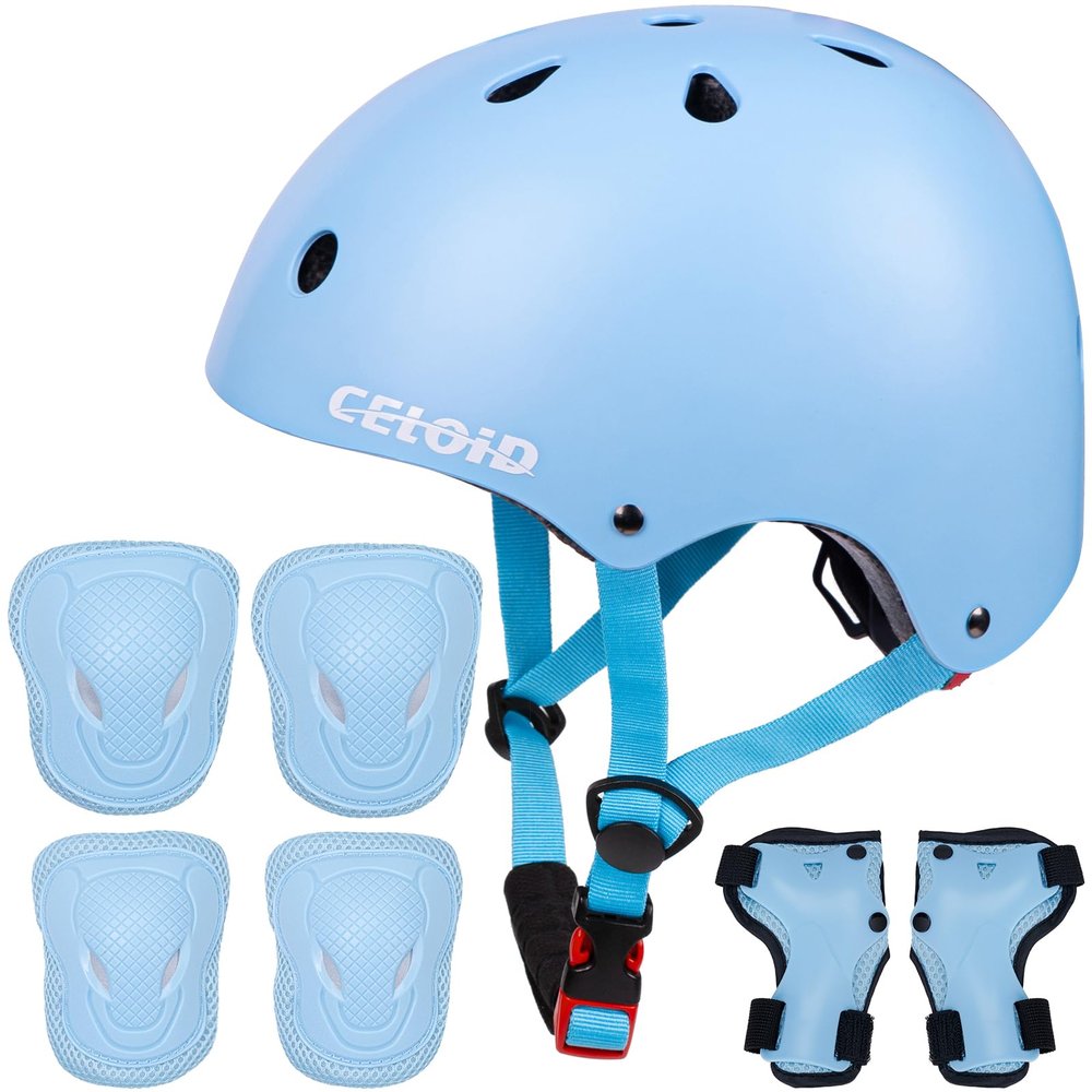 CELOID Kids Helmet Pad Set,Adjustable Kids Skateboard Bike Helmet Knee & Elbow Pads Wrist Guards 8-10-16 Years Youth Protective Gear Set for Girls Boys Bicycle Bike Roller Sport,SkyBlue