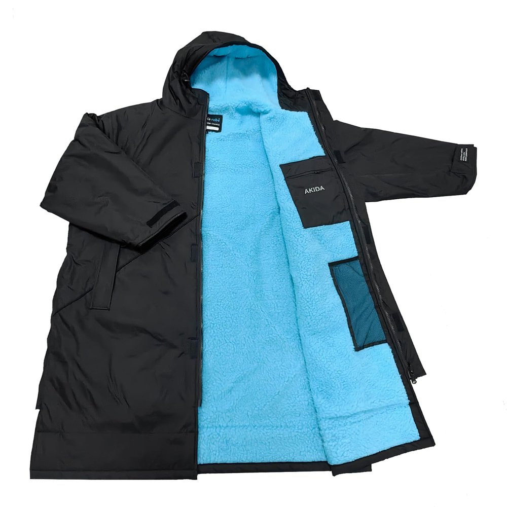 Akida kids Oversized Changing Robe/Swim Parka,Waterproof Surf Poncho Warm Coat Jacket,Quick Dry Wetsuit Changing Towel.Black/Blue,XXS