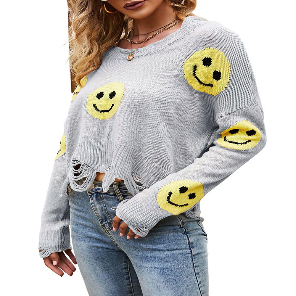 ebossy Women's Vintage Ripped Distressed Smile Face Floral Graphic Aesthetic Cable Knit Sweater Pullovers (S, Grey-1)