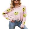 ebossy Women's Vintage Ripped Distressed Smile Face Floral Graphic Aesthetic Cable Knit Sweater Pullovers (M, Pink-1) view 1