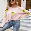 ebossy Women's Vintage Ripped Distressed Smile Face Floral Graphic Aesthetic Cable Knit Sweater Pullovers (M, Pink-1) view 2