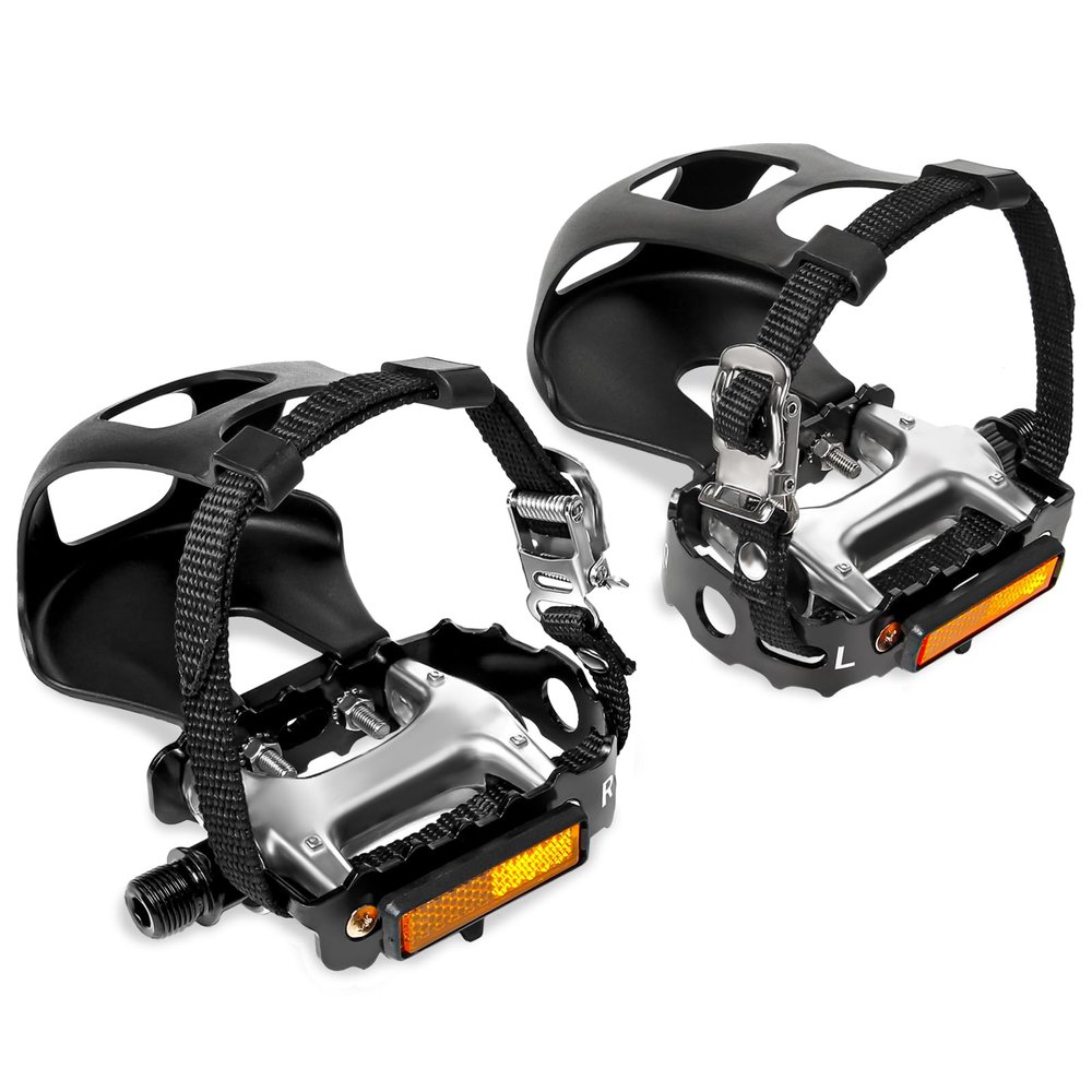 Bucklos Bike Pedals with Toe Cages and Straps - Bicycle Toe Clips Cage Compatible with Road Bike/Peloton/Mountian Bikes/MTB - Toe Clip Pedal for Wide Shoes Indoor Outdoor Cycling