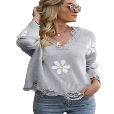 ebossy Women's Vintage Ripped Distressed Smile Face Floral Graphic Aesthetic Cable Knit Sweater Pullovers (XL, Grey-2)