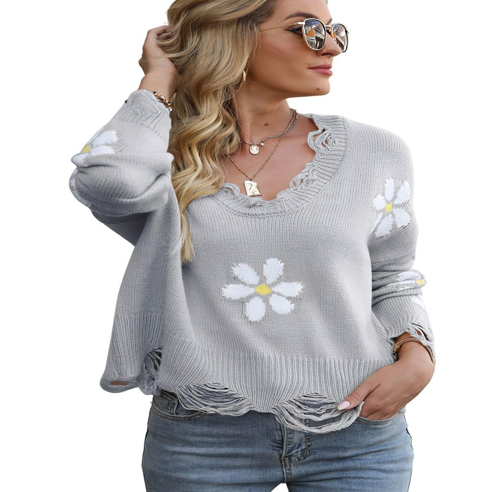 ebossy Women's Vintage Ripped Distressed Smile Face Floral Graphic Aesthetic Cable Knit Sweater Pullovers (XL, Grey-2)