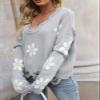 ebossy Women's Vintage Ripped Distressed Smile Face Floral Graphic Aesthetic Cable Knit Sweater Pullovers (XL, Grey-2) view 2