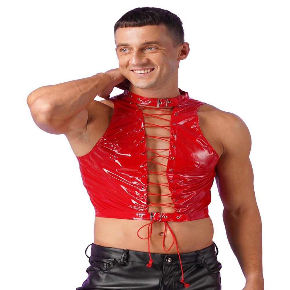 FEESHOW Mens Wet Look Patent Leather Crop Tops Hollow Out Lace-Up Vest T Shirts Clubwear Red 4X-Large