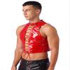 FEESHOW Mens Wet Look Patent Leather Crop Tops Hollow Out Lace-Up Vest T Shirts Clubwear Red 4X-Large view 3