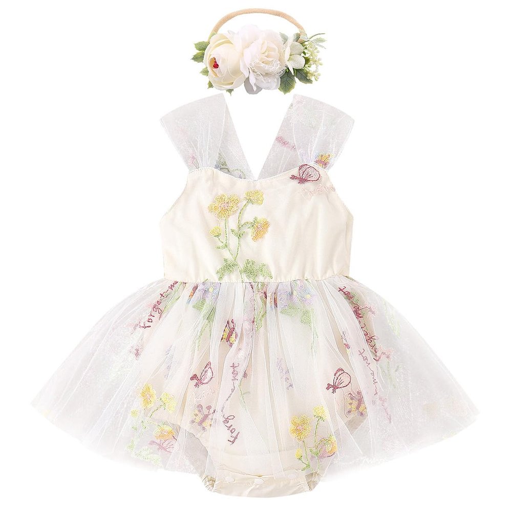 Baby Girl 1st Birthday Outfit Cake Smash Romper Dress Newborn Floral Lace Tulle Boho First Birthday Princess Tutu Dresses + Bowknot Headband Summer Clothes Apricot Floral 2PCS 3-6 Months