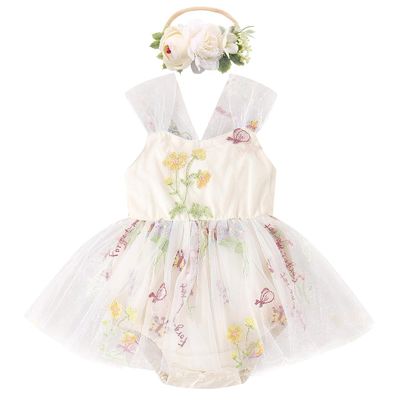 Baby Girl 1st Birthday Outfit Cake Smash Romper Dress Newborn Floral Lace Tulle Boho First Birthday Princess Tutu Dresses + Bowknot Headband Summer Clothes Apricot Floral 2PCS 9-12 Months