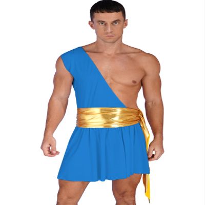 YiZYiF Men Gladiator Uniform Role Play Sexy Plaid One Shoulder Knight Warrior Skirt Suspender Outfit Blue Small