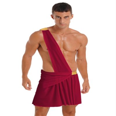 ACSUSS Mens Halloween Theme Party Ancient Rome Cosplay Costume One Shoulder Strap Mini Ruffle Skirts Burgundy 3X-Large