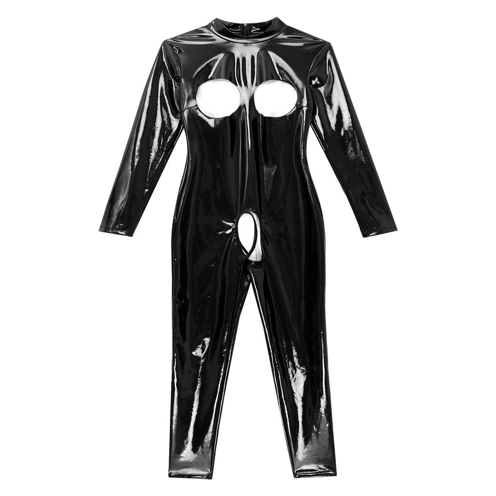 ACSUSS Womens Hollow Out Crotchless Jumpsuit Open Chest Long Sleeve Mock Neck Patent Leather Bodysuit Black X-Large