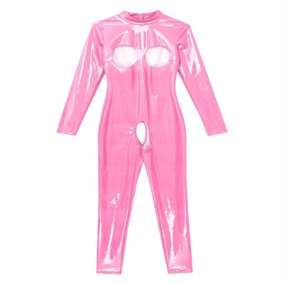 ACSUSS Womens Hollow Out Crotchless Jumpsuit Open Chest Long Sleeve Mock Neck Patent Leather Bodysuit Hot Pink Medium