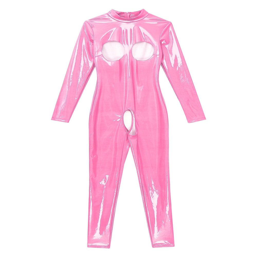 ACSUSS Womens Hollow Out Crotchless Jumpsuit Open Chest Long Sleeve Mock Neck Patent Leather Bodysuit Hot Pink Medium