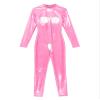 ACSUSS Womens Hollow Out Crotchless Jumpsuit Open Chest Long Sleeve Mock Neck Patent Leather Bodysuit Hot Pink Medium view 1
