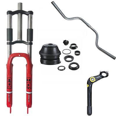 DONSP1986 Red Bike Suspension Fork 26" and 1-1/8" Headset, 25.4mm Silver Riser Handlebar, 25.4 * 90mm Adjustable Quill Stem Combo