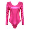 Yartina Womens Metallic Bodysuit Patent Leather Gymnastic Dance Leotard Tops Long Sleeve Blouse Clubwear Hot Pink X-Large view 4