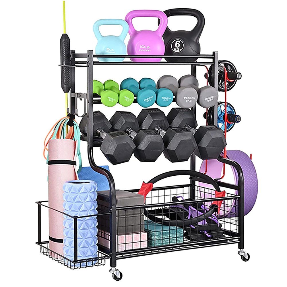 Gym rack for home gym,Weight Rack for Dumbbells,All in One Home Gym Storage Rack,Dumbbell Rack,Yoga Mat Storage Racks,4 Tier Fitness Equipment Storage Organizer,Wheels and Hooks
