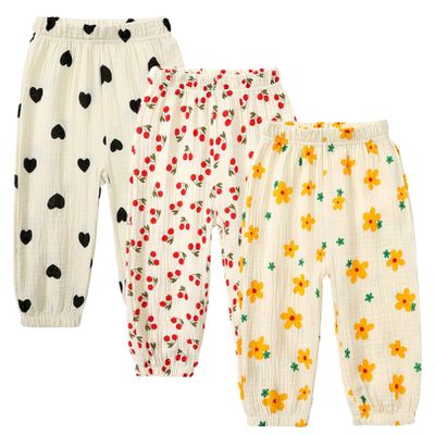 Toddler Cotton Linen Long Pants Kids Baby Girls Soft Floral Bloomers Summer Fall Harem Trousers Joggers Bottom (3 Pack B,4-5T,US,Age,4 Years,5 Years,Little Kid)
