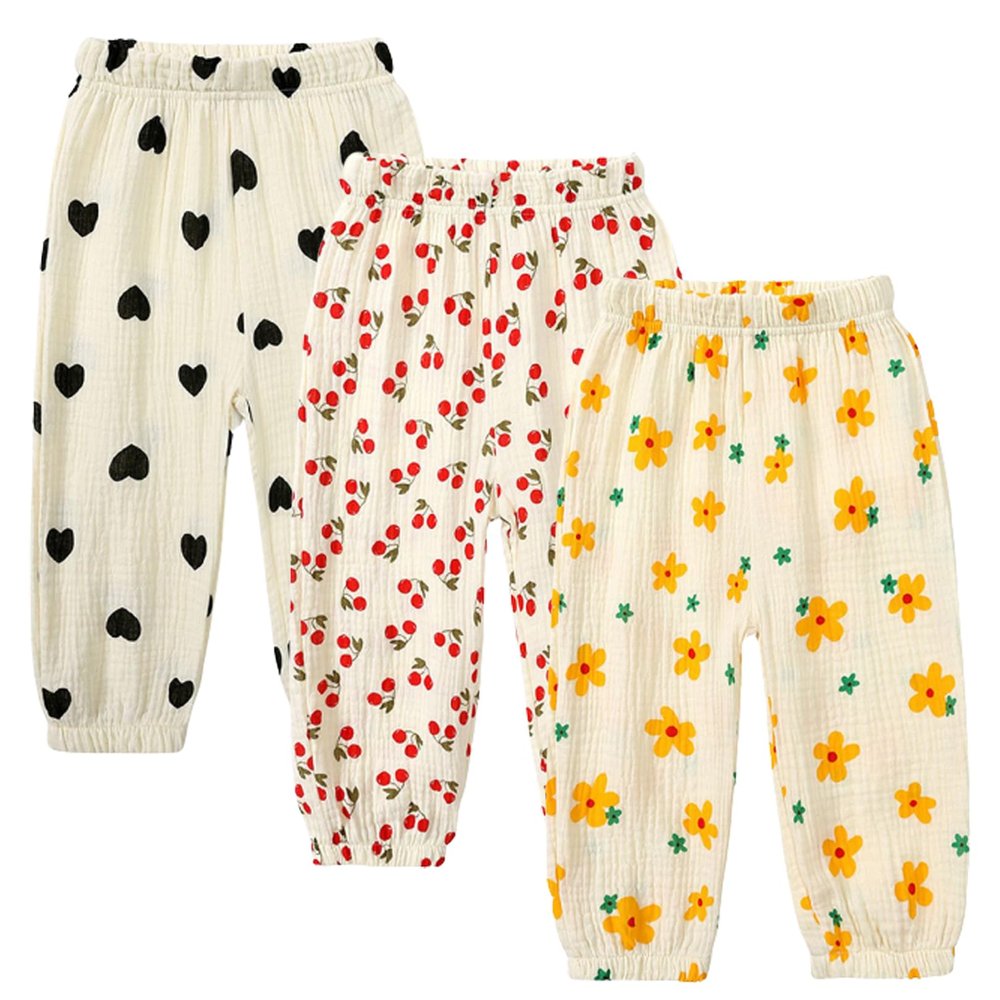 Toddler Cotton Linen Long Pants Kids Baby Girls Soft Floral Bloomers Summer Fall Harem Trousers Joggers Bottom (3 Pack B,4-5T,US,Age,4 Years,5 Years,Little Kid)