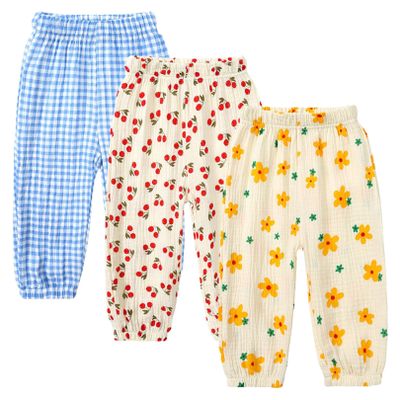 Toddler Cotton Linen Long Pants Kids Baby Girls Soft Floral Bloomers Summer Fall Harem Trousers Joggers Bottom (3PC I,2-3T,US,Age,2 Years,3 Years,Toddler)