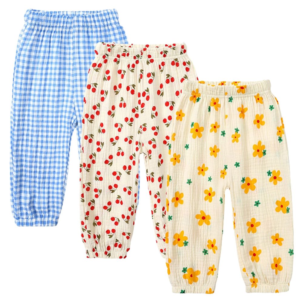 Toddler Cotton Linen Long Pants Kids Baby Girls Soft Floral Bloomers Summer Fall Harem Trousers Joggers Bottom (3PC I,2-3T,US,Age,2 Years,3 Years,Toddler)