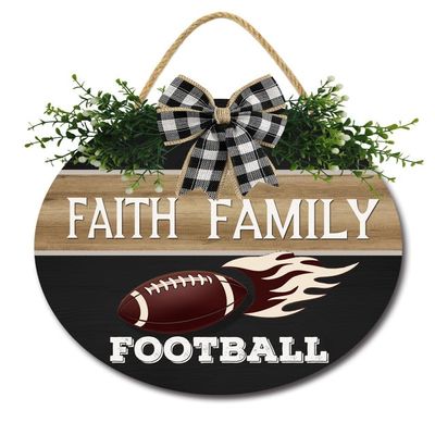 Ymaotrade Football Sign for Front Door, Faith Family Football Wood Wall or Door Hanger Football Season and Waiting for Football Season 12"