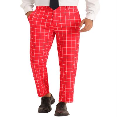 Lars Amadeus Red Plaid Pants for Men's Slim Fit Business Checked Printed Dress Trousers 36 Red
