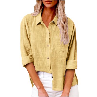 2023 Summer Long Sleeve Tops for Women Ladies Summer Tops and Blouses 2023 Fashion Cotton Linen Shirts Collared Button Down Business Casual Work Blouse Yellow 3X