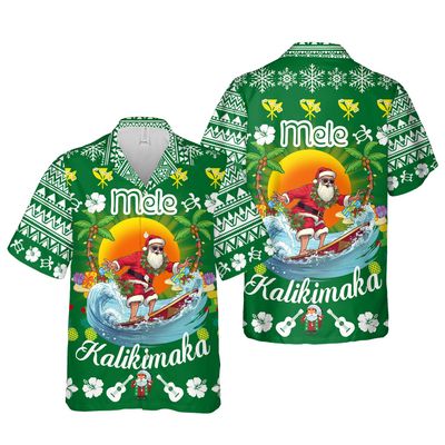 Mele Kalikimaka Santa Surfing Hawaiian Shirt Merry Christmas in July Summer Funny Hawaiian Shirt (Adult, XX-Large, Green)