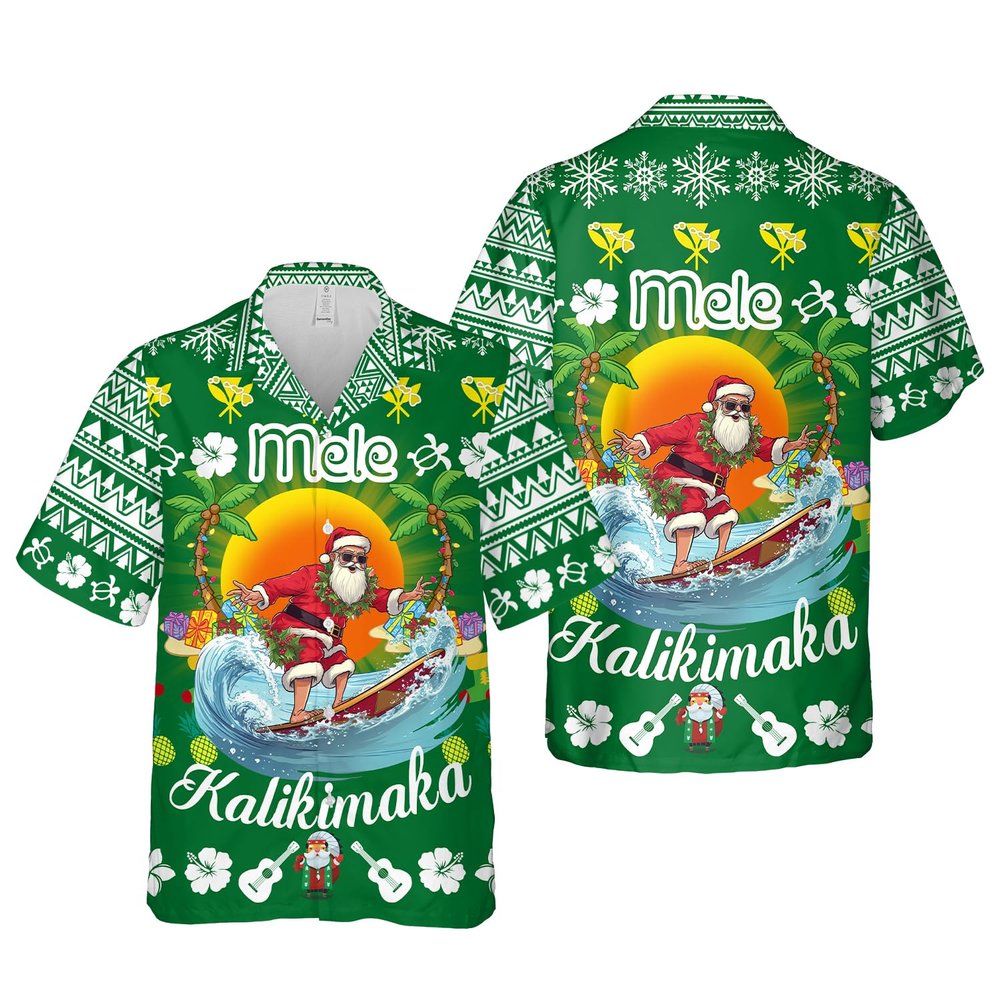 Mele Kalikimaka Santa Surfing Hawaiian Shirt Merry Christmas in July Summer Funny Hawaiian Shirt (Adult, XX-Large, Green)