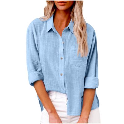 2023 Womens Tops Summer 2023 Ladies Summer Tops and Blouses 2023 Fashion Cotton Linen Shirts Collared Button Down Business Casual Work Blouse Light Blue 3X