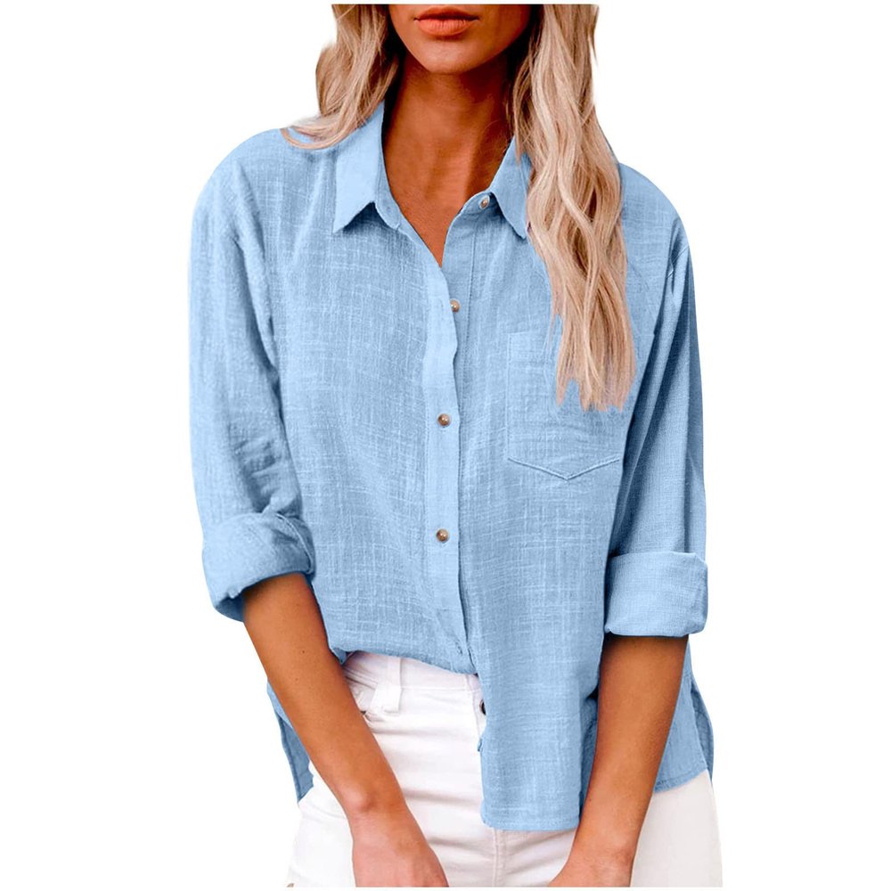 2023 Womens Tops Summer 2023 Ladies Summer Tops and Blouses 2023 Fashion Cotton Linen Shirts Collared Button Down Business Casual Work Blouse Light Blue 3X