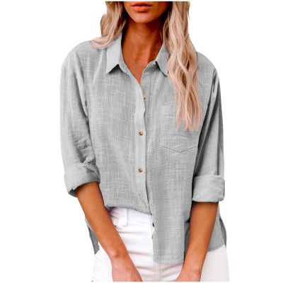 2023 Long Sleeve Summer Tops for Women Ladies Summer Tops and Blouses 2023 Fashion Cotton Linen Shirts Collared Button Down Business Casual Work Blouse Gray 4X