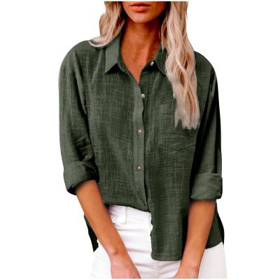 100% Linen Shirts for Women Ladies Summer Tops and Blouses 2023 Fashion Cotton Linen Shirts Collared Button Down Business Casual Work Blouse Army Green 4X