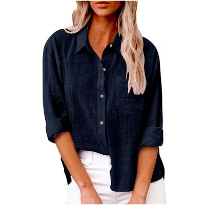 2023 Special Women's Long Sleeve Blouses Ladies Summer Tops and Blouses 2023 Fashion Cotton Linen Shirts Collared Button Down Business Casual Work Blouse Navy 3X