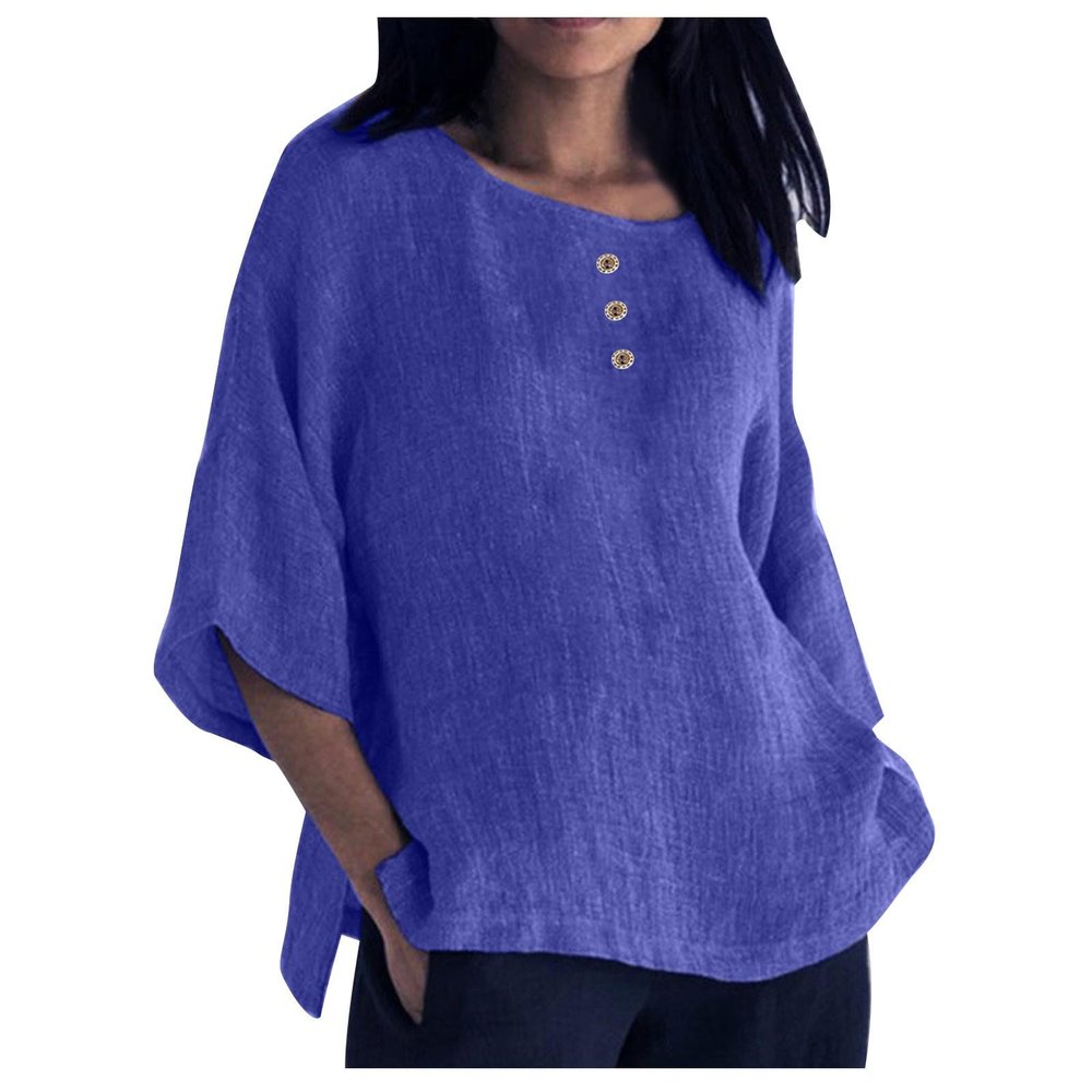 3/4 Sleeve Cotton Linen Shirts for Women Plus Size Crew Neck Solid Color Blouse Side Slit Loose Fit Tunic Tops Blue