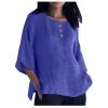 3/4 Sleeve Cotton Linen Shirts for Women Plus Size Crew Neck Solid Color Blouse Side Slit Loose Fit Tunic Tops Blue view 1