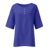 3/4 Sleeve Cotton Linen Shirts for Women Plus Size Crew Neck Solid Color Blouse Side Slit Loose Fit Tunic Tops Blue view 4