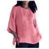 3/4 Sleeve Cotton Linen Shirts for Women Plus Size Crew Neck Solid Color Blouse Side Slit Loose Fit Tunic Tops Pink view 1