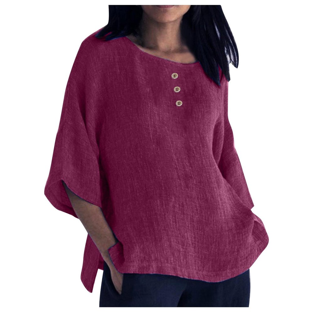 3/4 Sleeve Cotton Linen Shirts for Women Plus Size Crew Neck Solid Color Blouse Side Slit Loose Fit Tunic Tops Purple