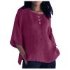 3/4 Sleeve Cotton Linen Shirts for Women Plus Size Crew Neck Solid Color Blouse Side Slit Loose Fit Tunic Tops Purple view 1