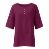3/4 Sleeve Cotton Linen Shirts for Women Plus Size Crew Neck Solid Color Blouse Side Slit Loose Fit Tunic Tops Purple view 4