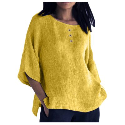 3/4 Sleeve Cotton Linen Shirts for Women Plus Size Crew Neck Solid Color Blouse Side Slit Loose Fit Tunic Tops Yellow