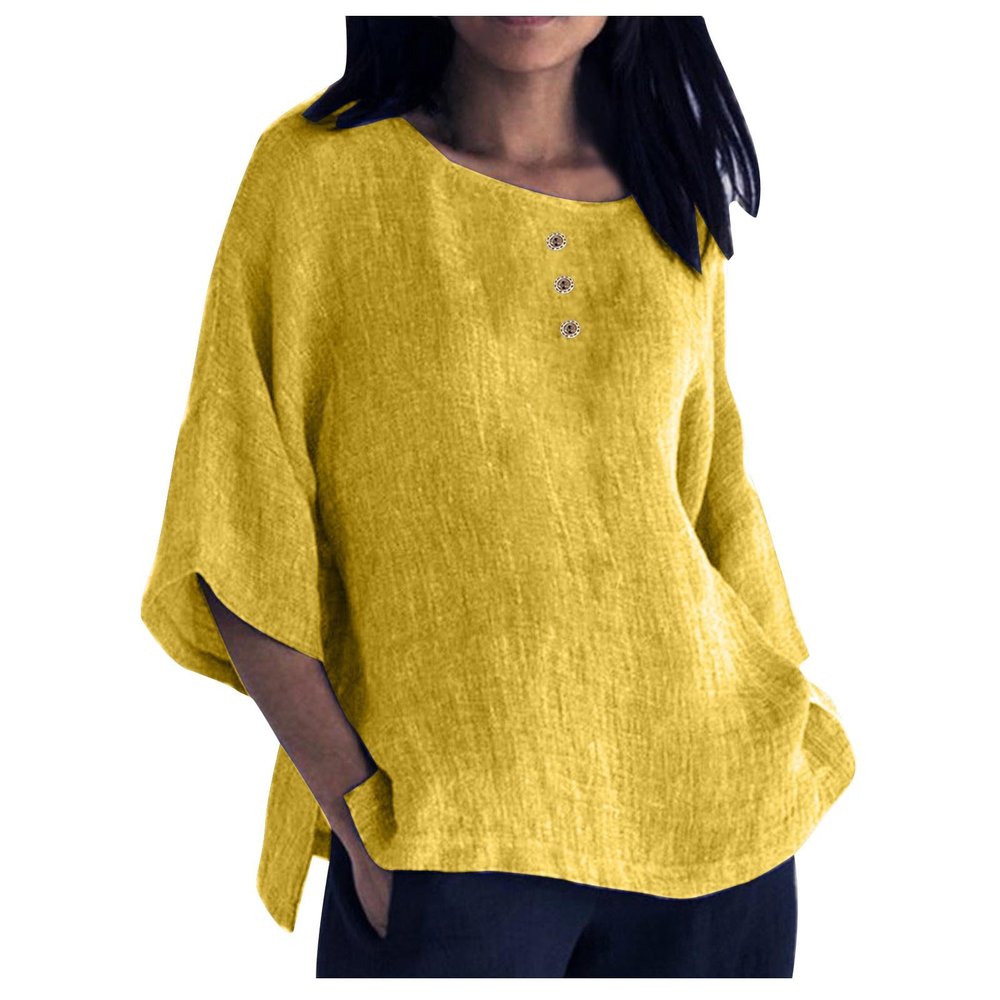 3/4 Sleeve Cotton Linen Shirts for Women Plus Size Crew Neck Solid Color Blouse Side Slit Loose Fit Tunic Tops Yellow