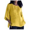 3/4 Sleeve Cotton Linen Shirts for Women Plus Size Crew Neck Solid Color Blouse Side Slit Loose Fit Tunic Tops Yellow