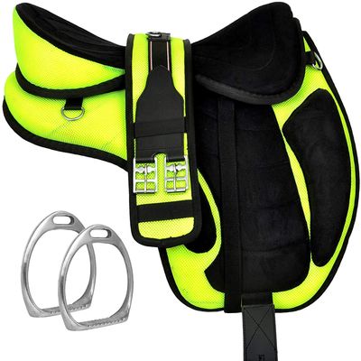 Synthetic Treeless Freemax English Horse Saddle with Matching Girth and Aluminum Stirrups Pair Set (Green, 15 Inches Seat)